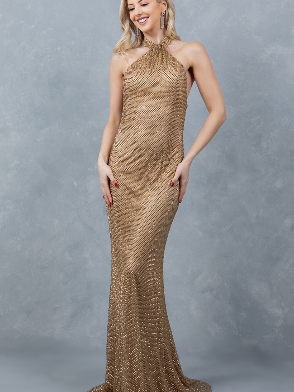 NEW GOLD Halter Evening Gown Floor Length Embellished Formal 8217J